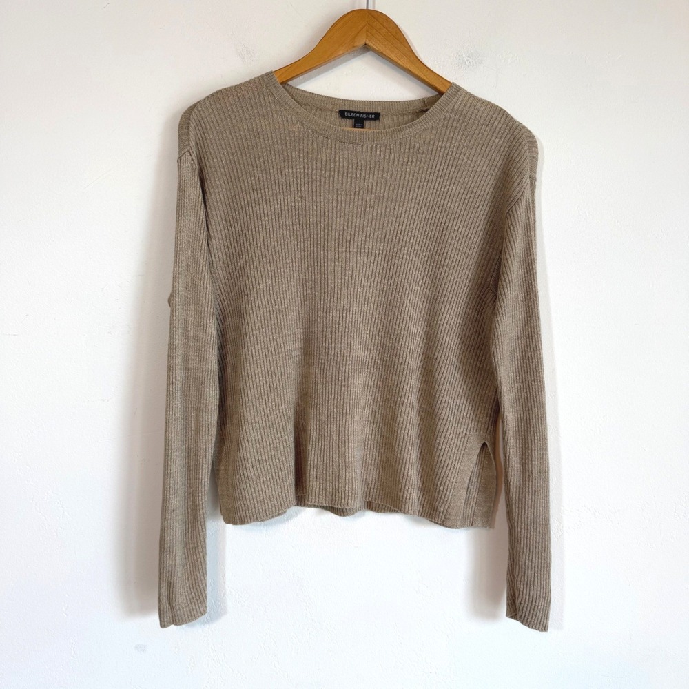 Eileen Fisher 100% Organic Linen Ribbed Sweater XXS Tan Minimalist Quiet Luxury
